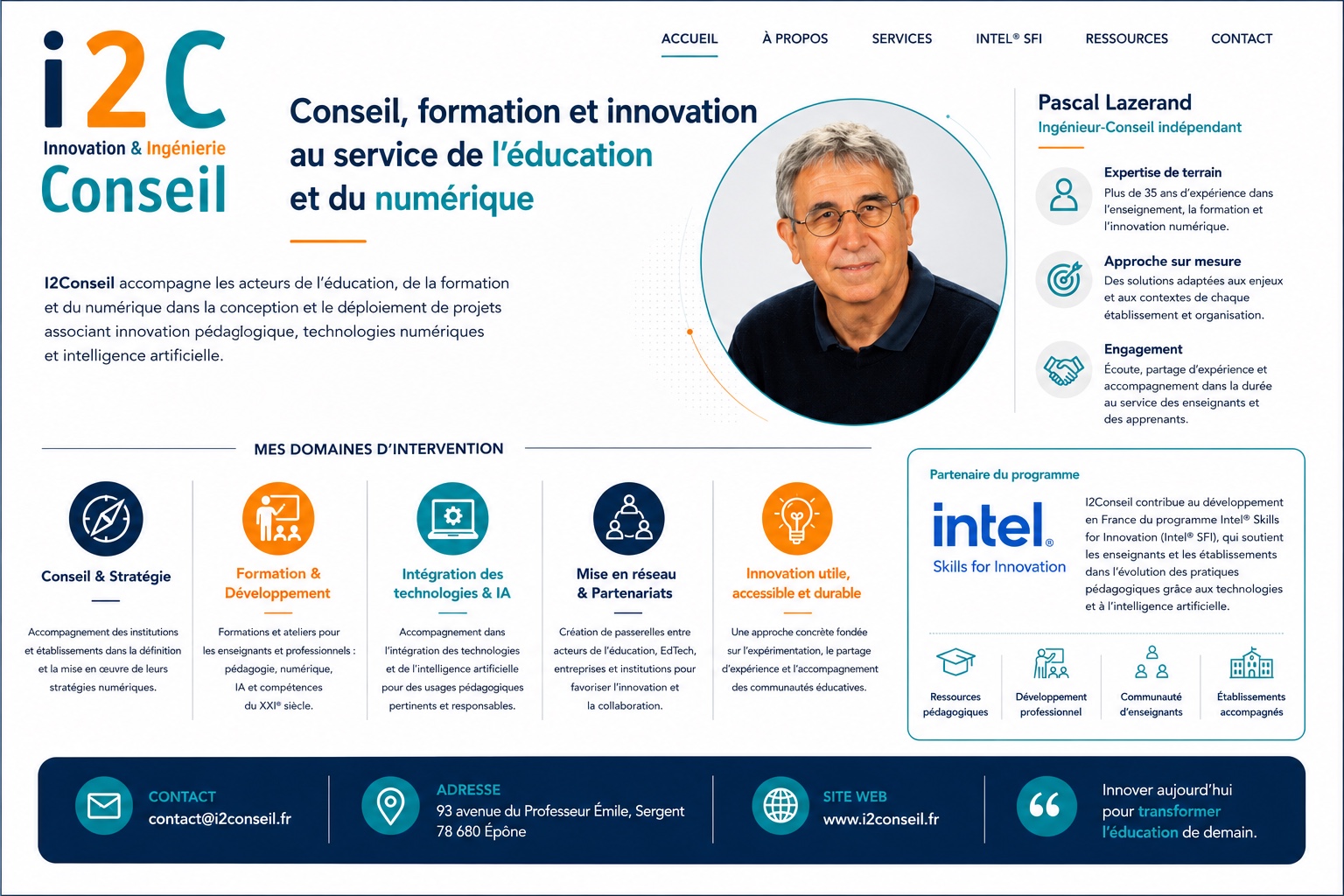Présentation d'I2Conseil, Pascal Lazerand, ingénieur-conseil indépendant, services, partenariat Intel Skills for Innovation et coordonnées.